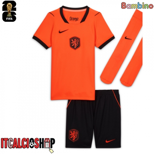 Paesi Bassi Prima Maglia Bambino Mondiali 2026 Manica Corta (+ Pantaloni corti)